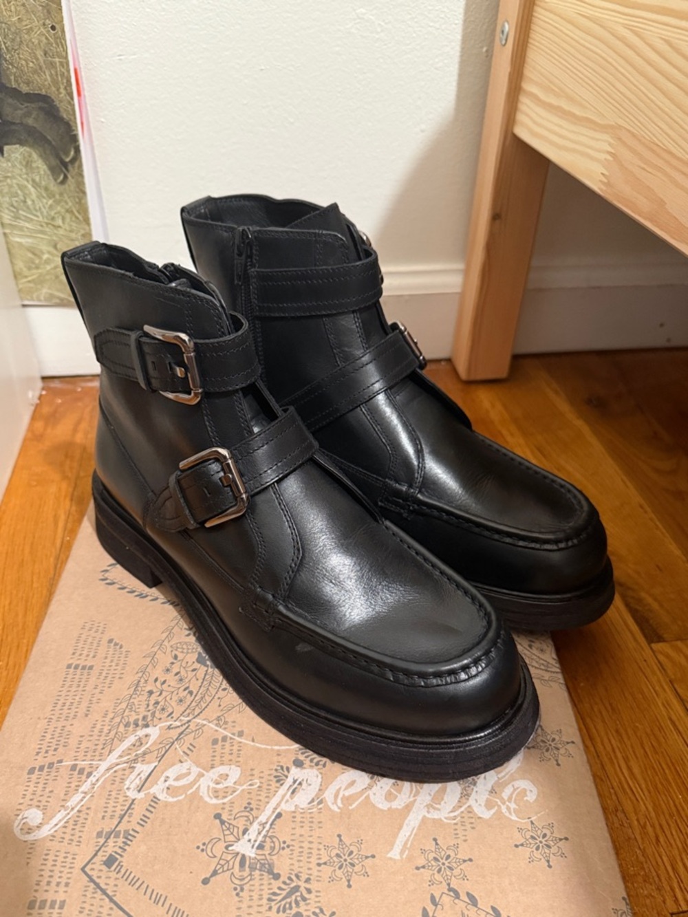 Free People Black Leather Double-Buckle Ankle Boots